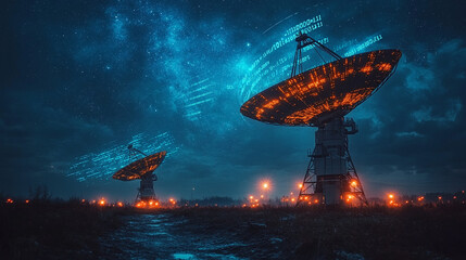Radio telescopes scanning starry night sky, data stream, observatory field