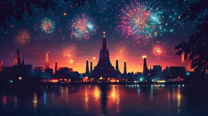 Wat Arun silhouette with fireworks in the background, New Year celebration vibe, flat vector scene, river and city lights reflecting on water, clean outline design,