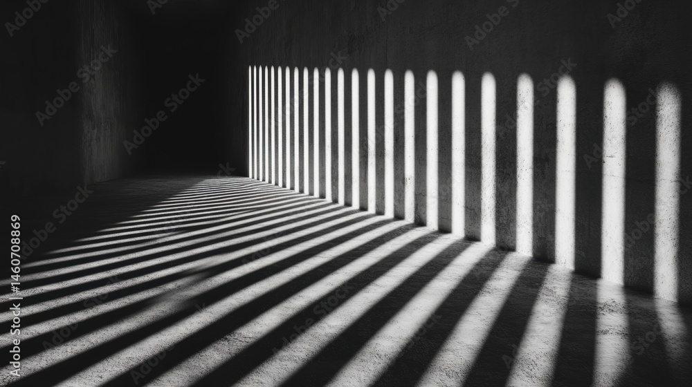 Poster strong contrasts of light and shadow form linear patterns on the floor of a dark corridor, highlight