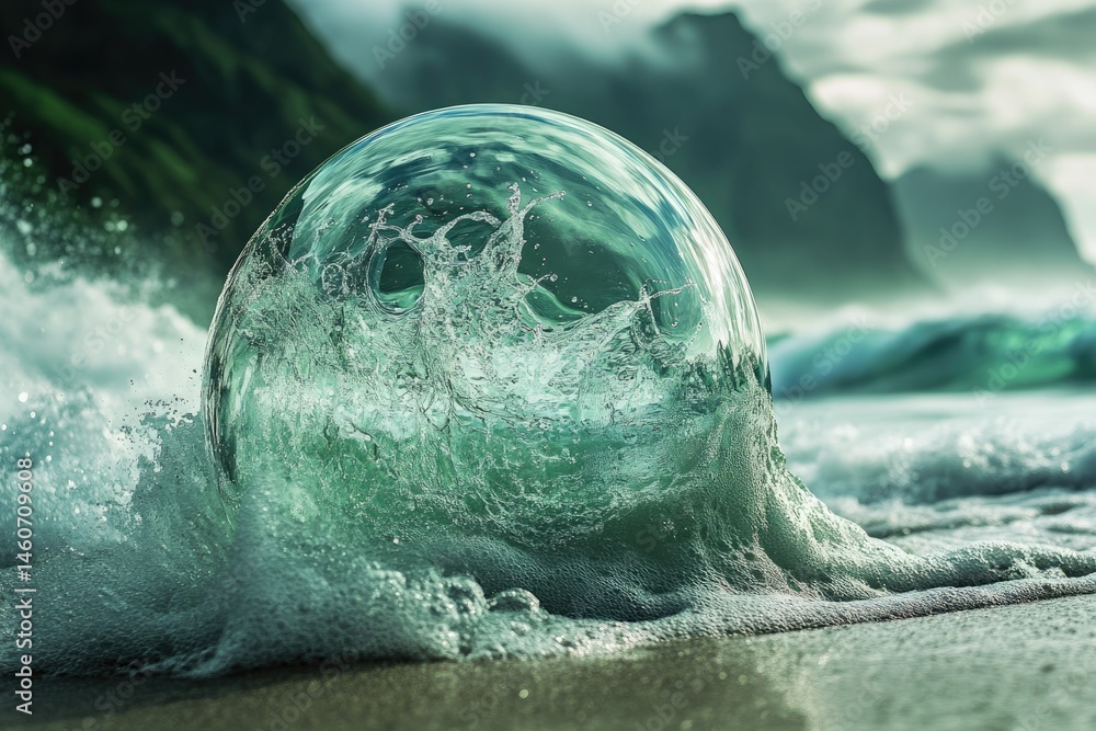 Poster a crystal sphere captures the essence of an ocean wave, showcasing its frothy texture and dynamic en