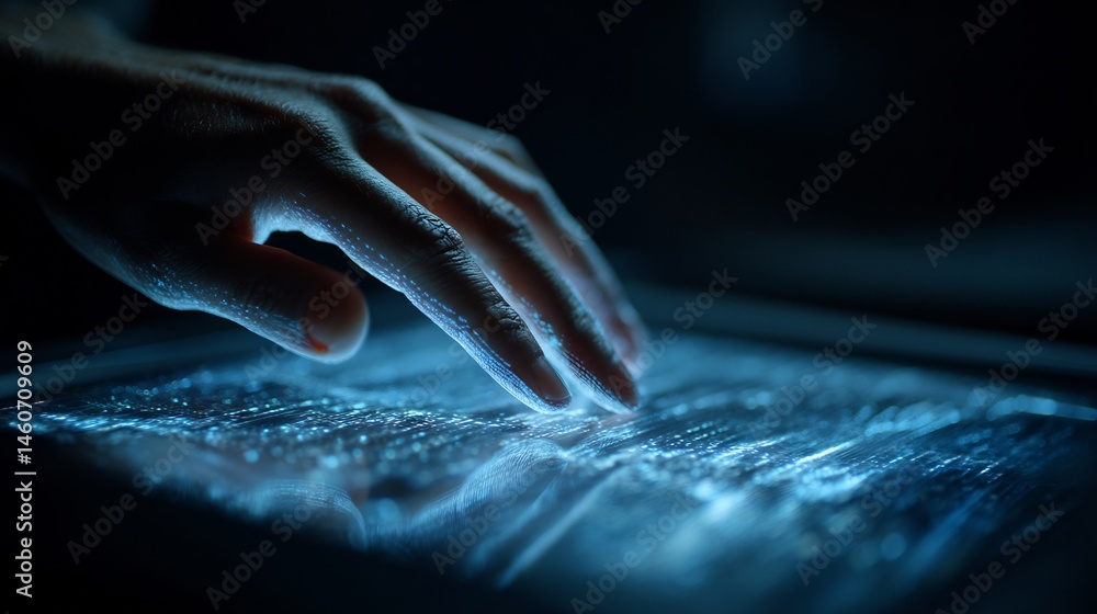 Poster hand interacts with futuristic glowing interface in a dimly lit environment