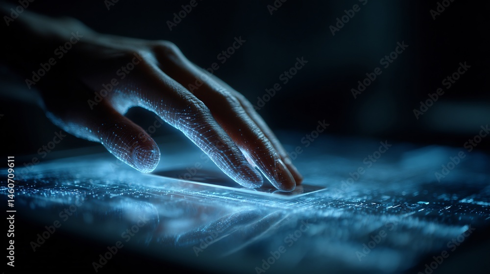 Poster illuminated touch interface interaction showcasing human connection to technology