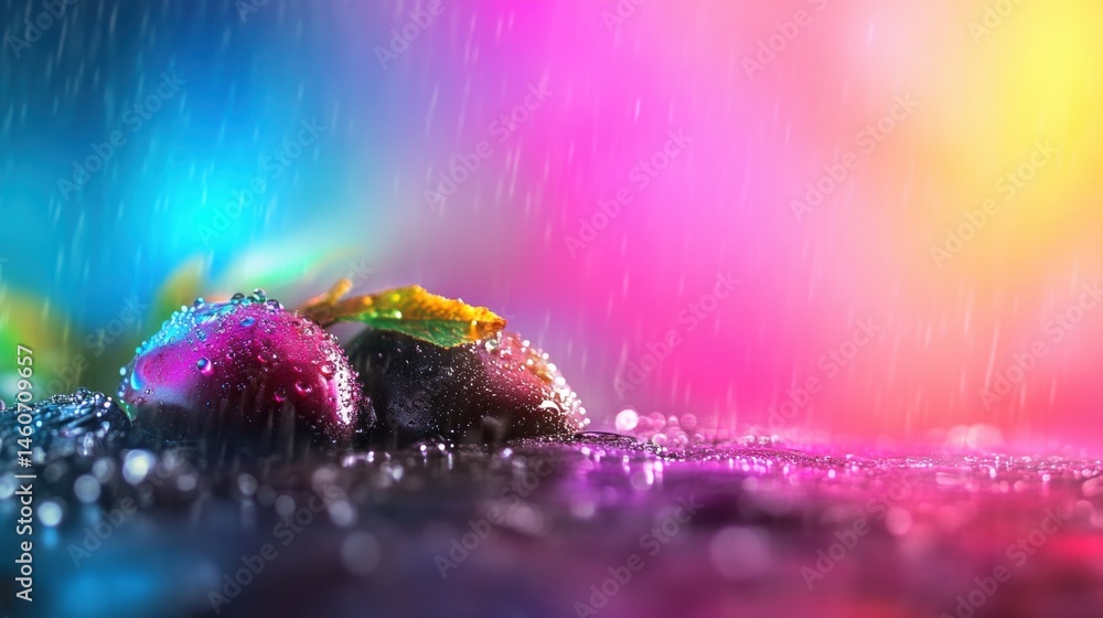 Poster water droplets sparkle on vivid fruit resting on a wet surface, illuminated by multicolored lights i