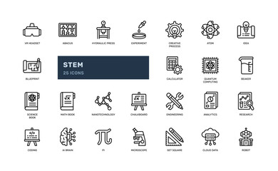 STEM science technology engineering and mathematics education university outline line icon set