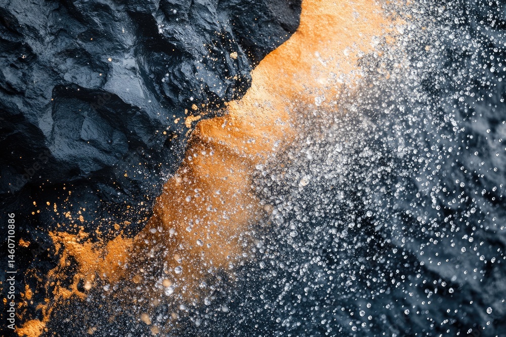 Poster abstract image of water splashing against dark and golden rocks, creating a dynamic contrast.