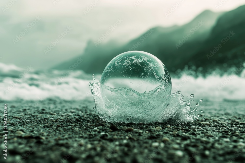 Poster a crystal sphere rests on a beach, partially submerged in a wave, creating a serene and ethereal sce