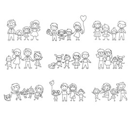 A charming collection of line style illustrations featuring family members in group poses for family themed designs, parenting content, and educational visuals
