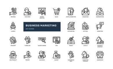 business marketing promotion campaign strategy advertising outline line icon set