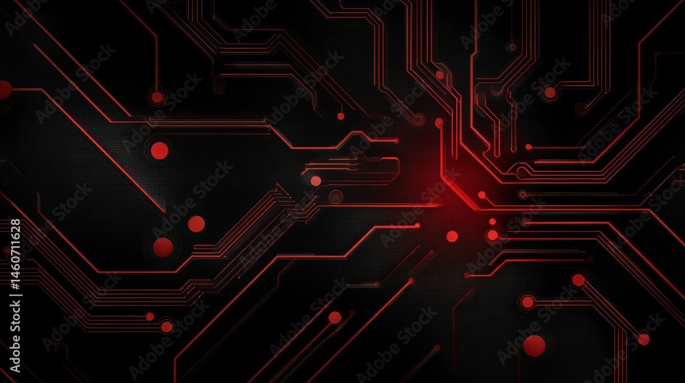 Poster intricate red circuit board design with a complex network of dots, technological