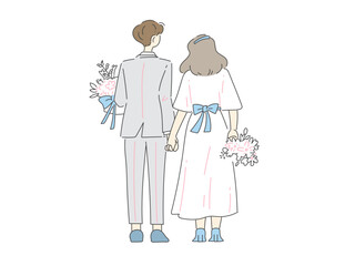 Couple holding flowers, back view, wedding style