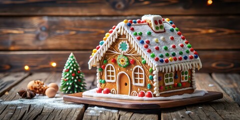 Obraz premium A colorful gingerbread house with intricate details and patterns, covered in a thick layer of white frosting, placed on a wooden table or stand for decoration , sweet, season