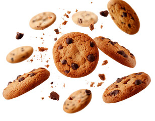  Tasty chocolate chip cookies falling image isolated on white perfect for food blogs and prom