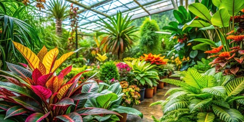 Fototapeta premium Exotic lush tropical green plant surrounded by vibrant colorful botanicals in a serene greenhouse garden atmosphere, environment, greenery