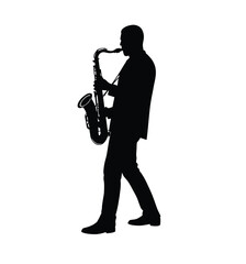 Naklejka premium Saxophone player silhouette. This image features the dark outline of a musician playing the saxophone, emphasizing performance, jazz, melody, and artistic expression. clipart illustration design.