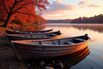 Lifeboats on the lake at sunset