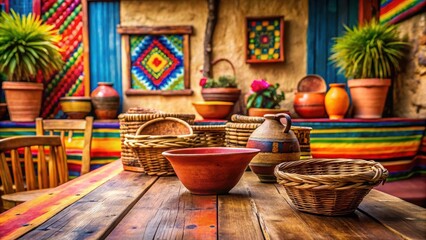 A rustic Mexican restaurant table with a vibrant colorful background featuring terracotta pots and woven baskets, woven baskets, rustic mexican restaurant