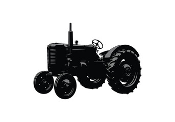 Obraz premium Vintage tractor silhouette. This image features the dark outline of an old-fashioned farming tractor, rugged design, large wheels, and classic agricultural machinery. clipart illustration design.