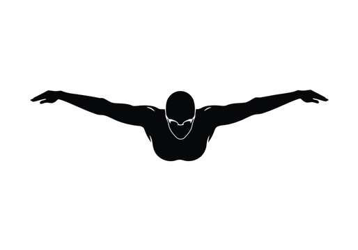 Butterfly swimmer silhouette. The dark outline of a swimmer executing the butterfly stroke, emphasizing athleticism, technique, and competitive swimming motion.  clipart illustration design.