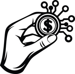 Modern illustration of a hand holding a coin with a dollar sign silhouette and isolated line art vector illustration design
