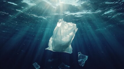 Fototapeta premium A plastic bag floating in the ocean, surrounded by debris