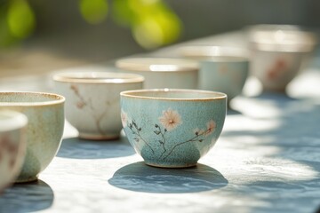 A collection of delicate, floral-patterned teacups sits on a sunlit surface.