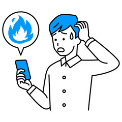 SNSが炎上して困惑しているカジュアルな男性（スマートフォン）