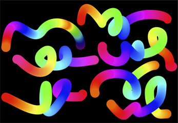 Vibrant and smooth neon light trail in a spiral shape against a dark black background. The glowing line transitions through a spectrum of colors, including red, pink, purple, blue, cyan, green, and ye