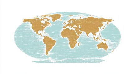 World map, stylized, light beige landmasses, pale aqua water