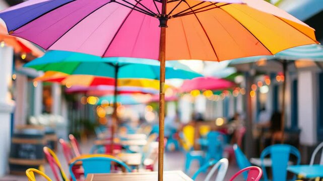 Umbrellas of Color: Capturing the vibrant essence of an outdoor cafe setting, where a rainbow of parasols creates a lively atmosphere, inviting relaxation and socializing. 