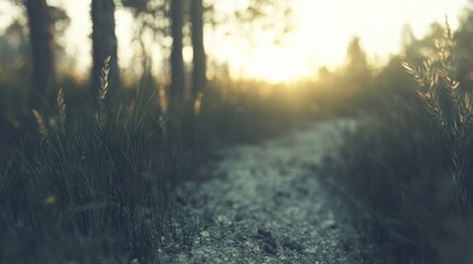 Fototapeta premium Soft light shines through tall trees as a winding path leads into the peaceful forest, creating a calm atmosphere at sunset