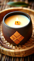 Lit Soy Candle in Brown Jar on Rattan Tray with Dried Foliage