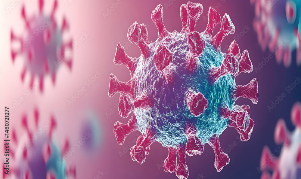 Poster microscopic view of a coronavirus, detailed 3d rendering showing the virus's structure and surface p