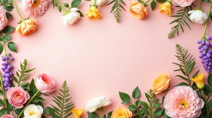 Floral Frame Pink roses leaves and blooms