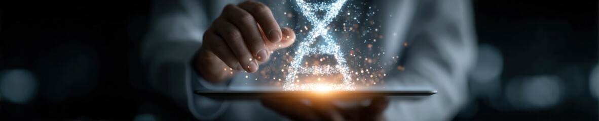 Young doctor in a modern coat holds a glowing DNA hologram above a tablet in a futuristic clinic with soft ambient light.