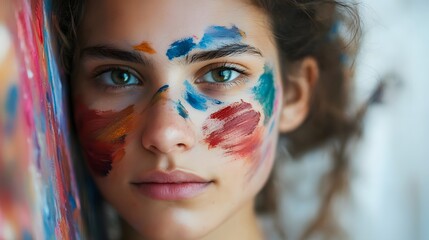 Obraz premium Artist's Face with Paint Smudges: Portrait of an artist's face, with paint smudges on cheeks and a creative, thoughtful expression, set in an art studio. 