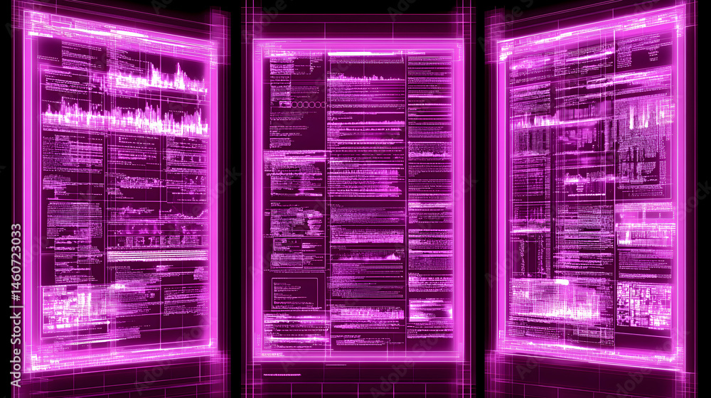 Poster abstract glowing pink digital data screens; futuristic technology background; vibrant neon code; mod