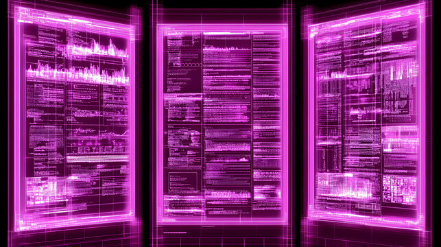 Abstract glowing pink digital data screens; futuristic technology background; vibrant neon code; modern tech concept.