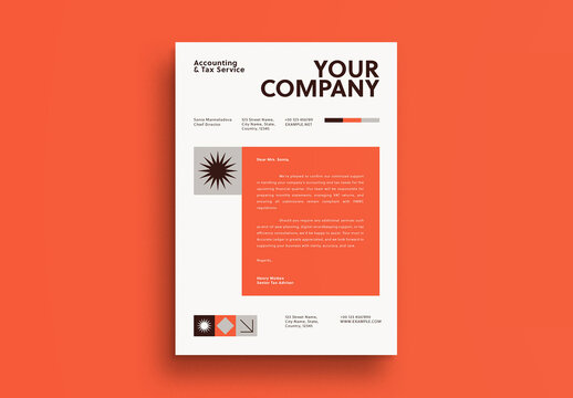 Orange Minimalist Business Tax & Accounting Service Letterhead Layout