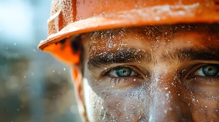 Construction Worker's Face with Hard Hat: Close-up of a construction worker's face, covered in dust and sweat, with a hard hat on and a construction site in the background.
