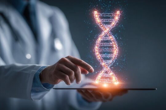 Young doctor in a modern coat holds a glowing DNA hologram above a tablet in a futuristic clinic with soft ambient light. - Powered by Adobe