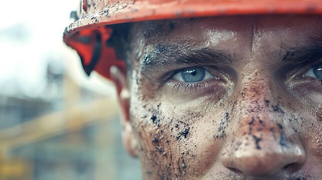 Construction Worker's Face with Hard Hat: Close-up of a construction worker's face, covered in dust and sweat, with a hard hat on and a construction site in the background.
