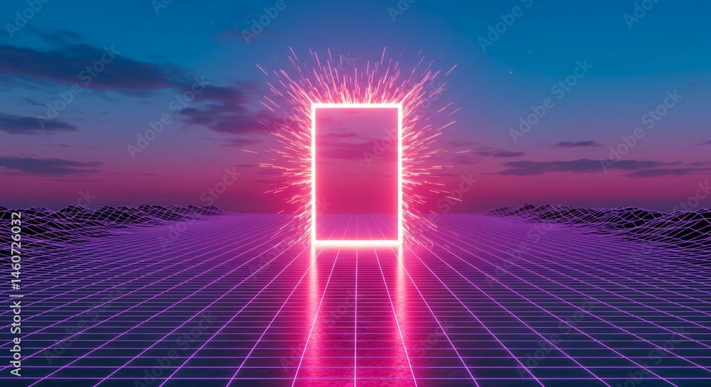 Poster radiant neon portal opens above vast neon grid under twilight sky with movement streaks of light pul