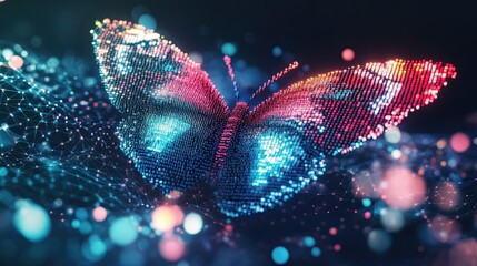 Digital transformation concept featuring a pixelated butterfly, innovation, and technological progress 