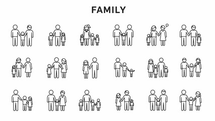 A collection of sixteen family-themed icons, each uniquely designed to represent various family structures and interactions. - 4