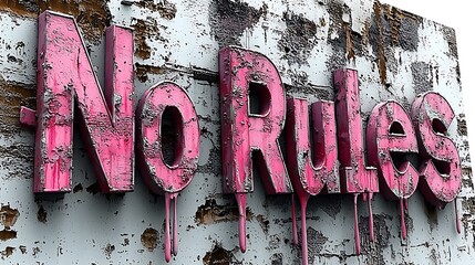 Pink, dripping sign on distressed wall, declaring absence of regulations