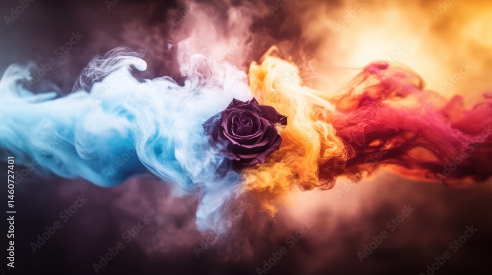 Poster a striking black rose is centered in an artistic swirl of colorful smoke, creating an enchanting and