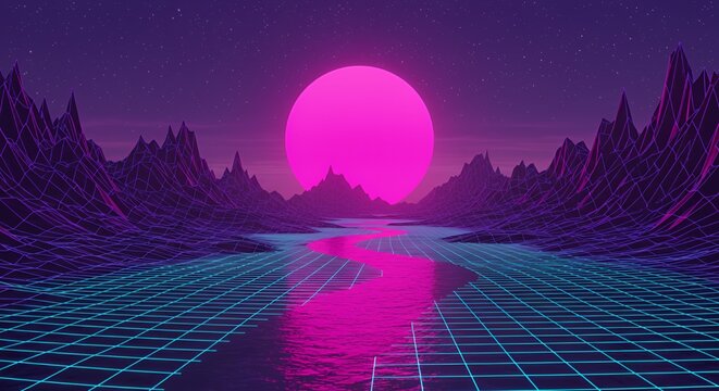 Vivid Pixel Art Landscape of Amethyst Mountains with Magenta Orb and Lavender Twilight Sky Retro Aesthetic