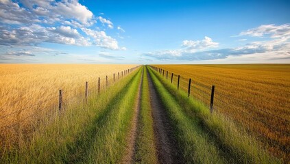 Obraz premium Countryside path through golden and green fields under a partly cloudy sky