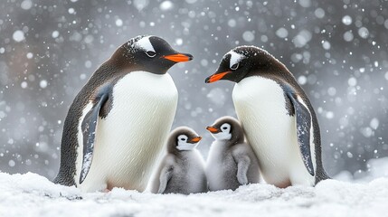 Fototapeta premium Gentoo Penguin with Two Chicks in a Snowy Landscape, Representing Family Life in the Wild 