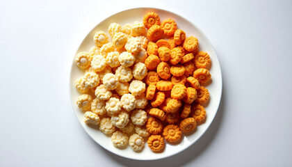 A white plate filled with lots of popcorn on top of a table.